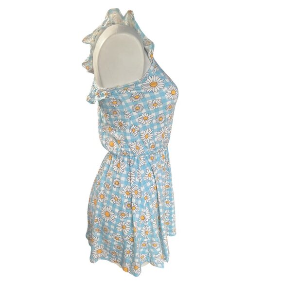 Shosho Romper Womens Size 10 Blue & White Daisy Checkered Ruffled Straps - Picture 2 of 7